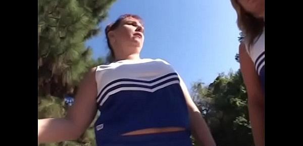  Chubby mom in cheerleader costume rides a hard cock in the backyard